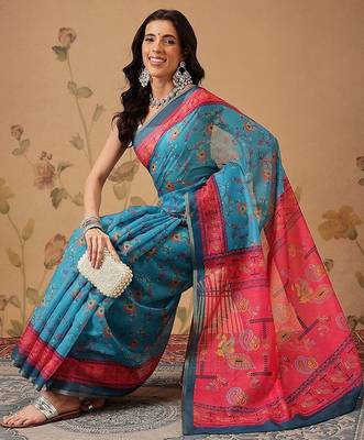Blue printed cotton blend ethnic saree with blouse piece 4