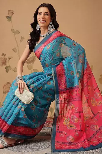 Blue printed cotton blend ethnic saree with blouse piece