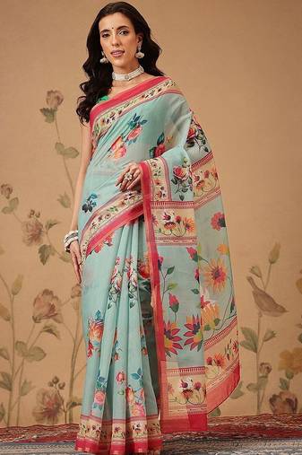 Blue printed cotton blend ethnic saree with blouse piece
