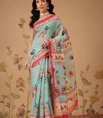 Blue printed cotton blend ethnic saree with blouse piece