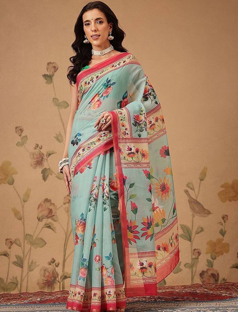Blue printed cotton blend ethnic saree with blouse piece