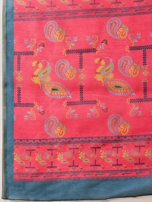 Blue printed cotton blend ethnic saree with blouse piece 5