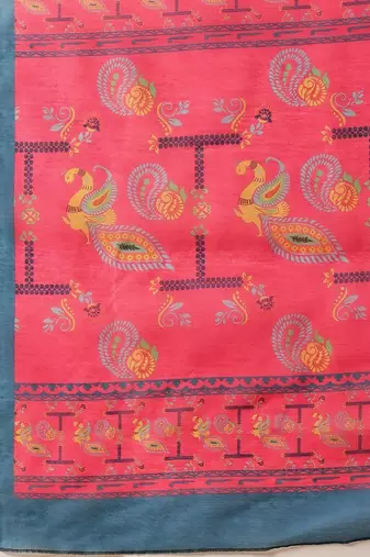 Blue printed cotton blend ethnic saree with blouse piece