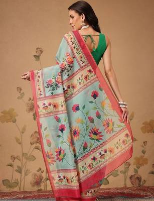 Blue printed cotton blend ethnic saree with blouse piece 2