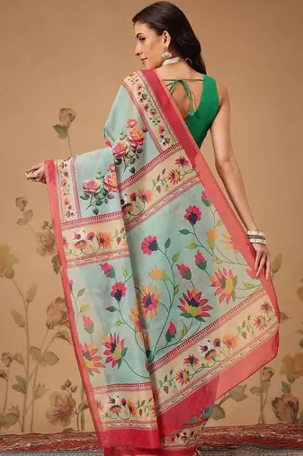 Blue printed cotton blend ethnic saree with blouse piece