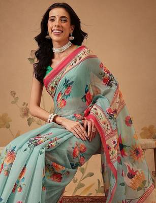 Blue printed cotton blend ethnic saree with blouse piece 3