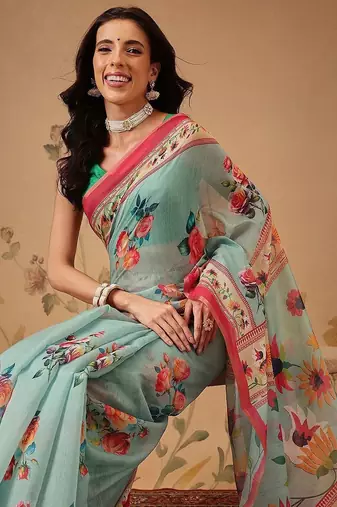 Blue printed cotton blend ethnic saree with blouse piece
