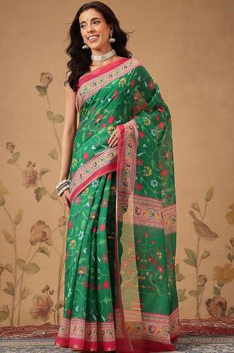 Green printed cotton blend ethnic saree with blouse piece