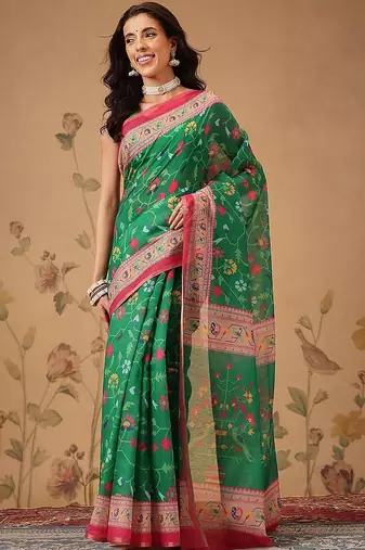 Green printed cotton blend ethnic saree with blouse piece
