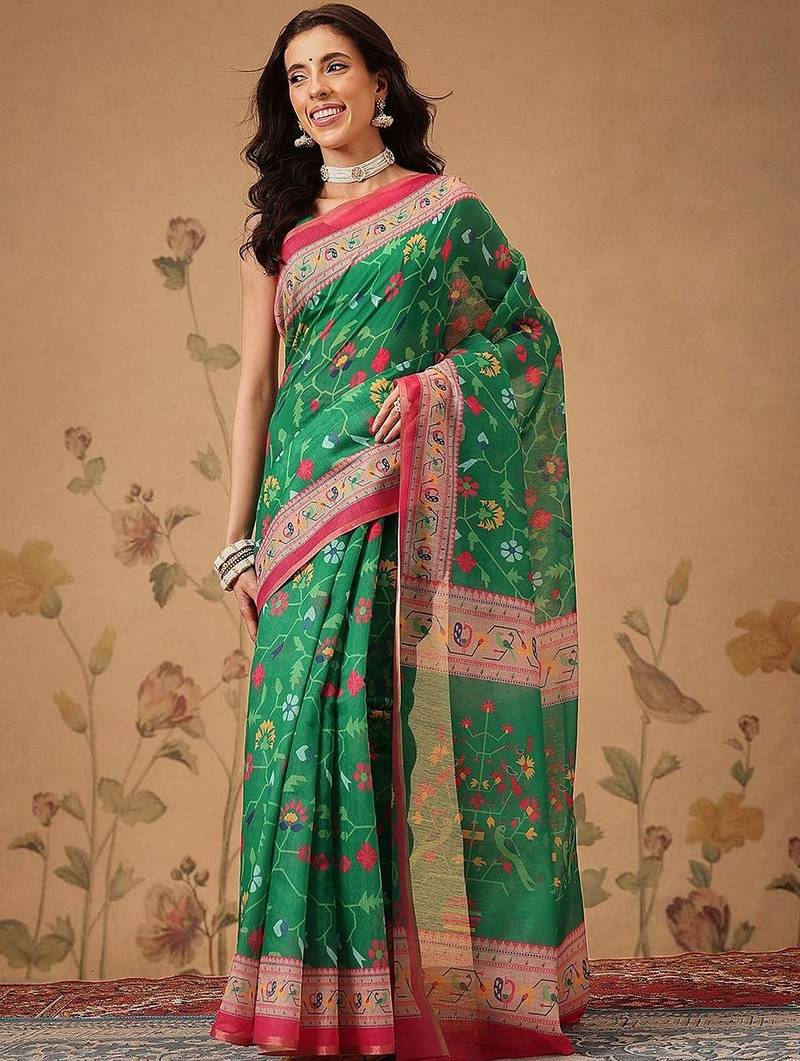 Green printed cotton blend ethnic saree with blouse piece