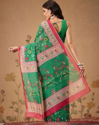 Green printed cotton blend ethnic saree with blouse piece 2
