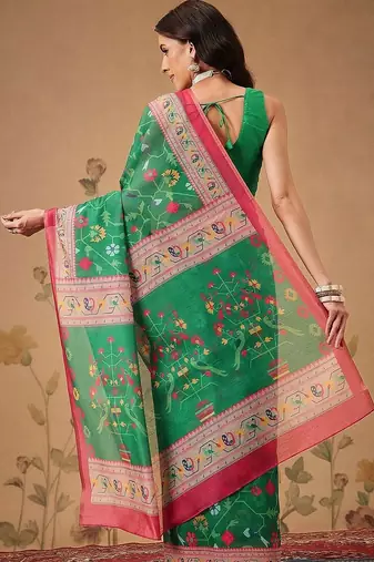 Green printed cotton blend ethnic saree with blouse piece