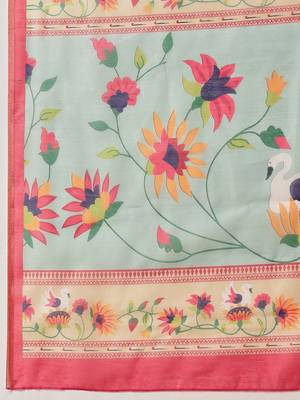 Blue printed cotton blend ethnic saree with blouse piece 4