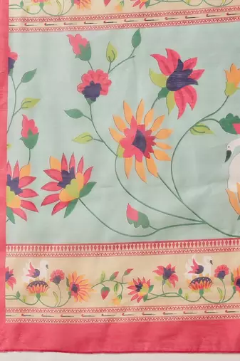 Blue printed cotton blend ethnic saree with blouse piece
