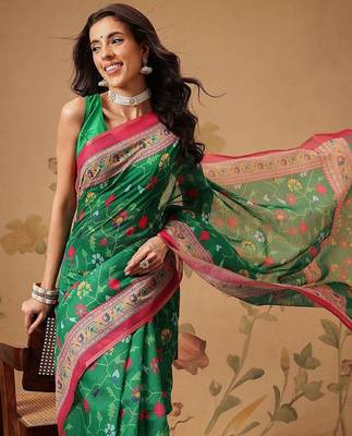 Green printed cotton blend ethnic saree with blouse piece 3