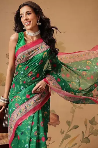 Green printed cotton blend ethnic saree with blouse piece