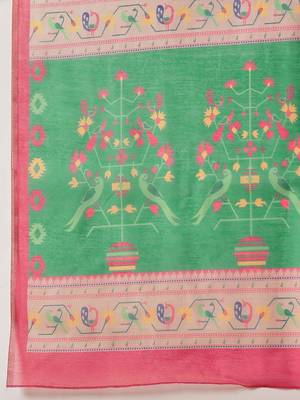 Green printed cotton blend ethnic saree with blouse piece 4