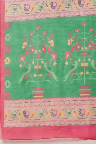 Green printed cotton blend ethnic saree with blouse piece