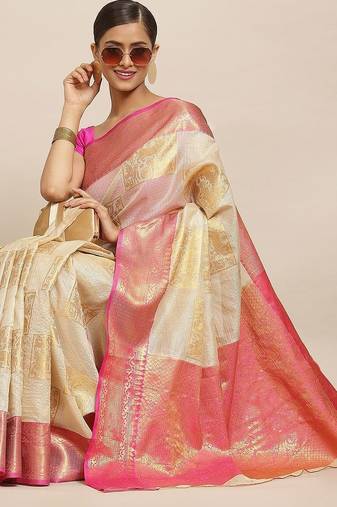 Beige woven jute traditional saree with blouse piece