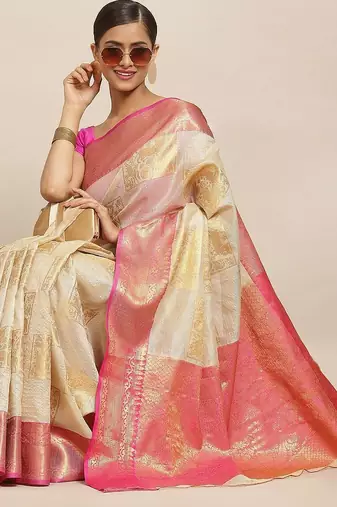Beige woven jute traditional saree with blouse piece