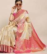 Beige woven jute traditional saree with blouse piece