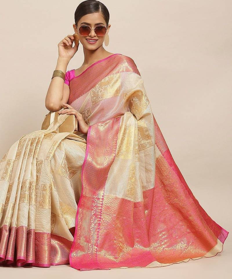 Beige woven jute traditional saree with blouse piece