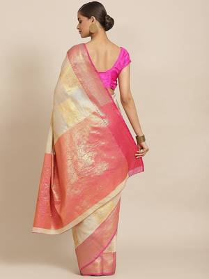 Beige woven jute traditional saree with blouse piece 2