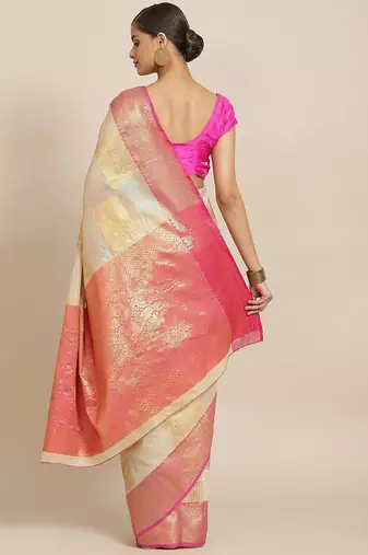 Beige woven jute traditional saree with blouse piece