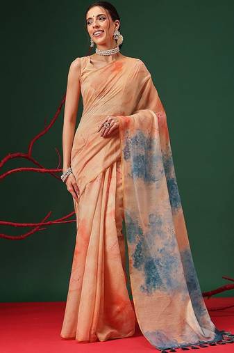 Peach printed organza ethnic saree with blouse piece