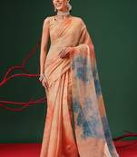 Peach printed organza ethnic saree with blouse piece