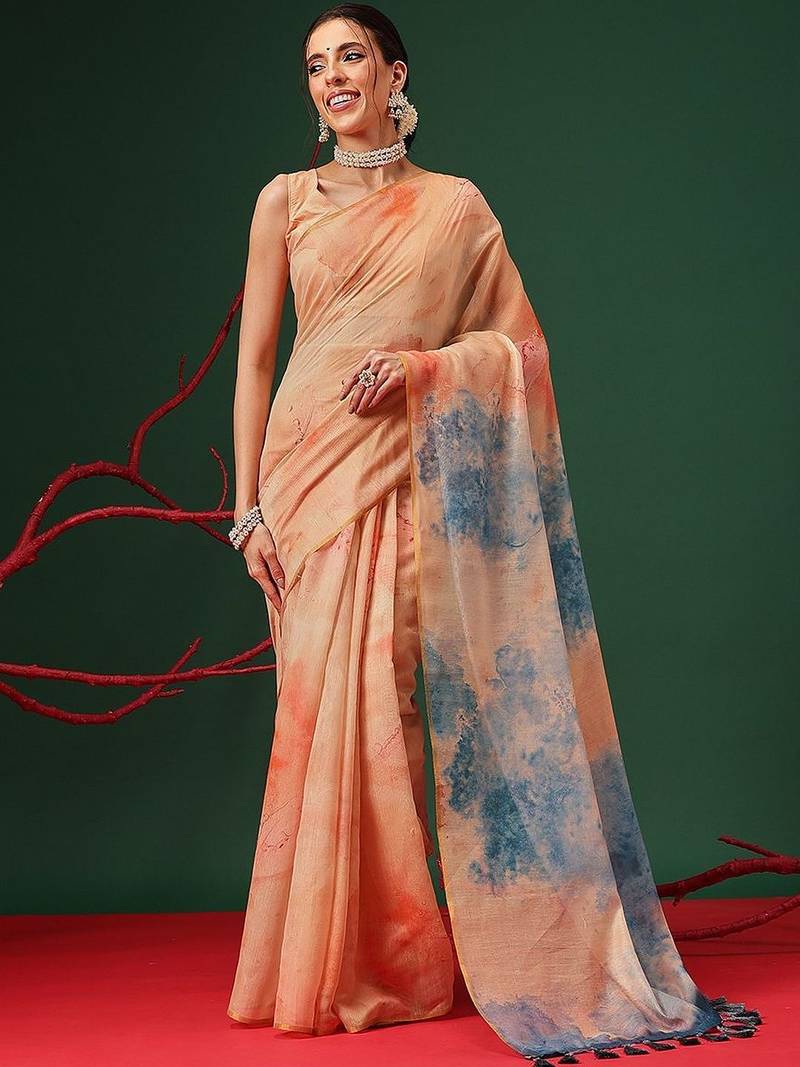 Peach printed organza ethnic saree with blouse piece
