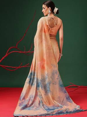 Peach printed organza ethnic saree with blouse piece 2