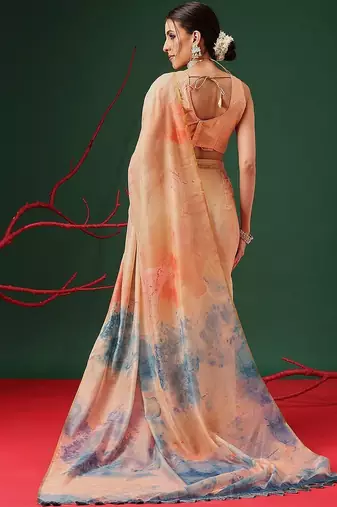 Peach printed organza ethnic saree with blouse piece