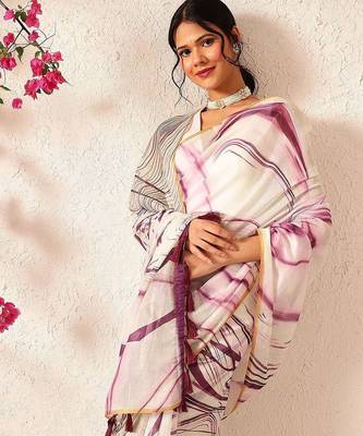 Burgundy printed cotton blend ethnic saree with blouse piece 1
