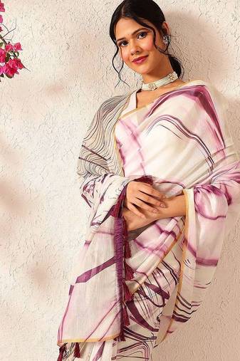 Burgundy printed cotton blend ethnic saree with blouse piece