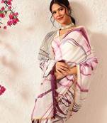 Burgundy printed cotton blend ethnic saree with blouse piece