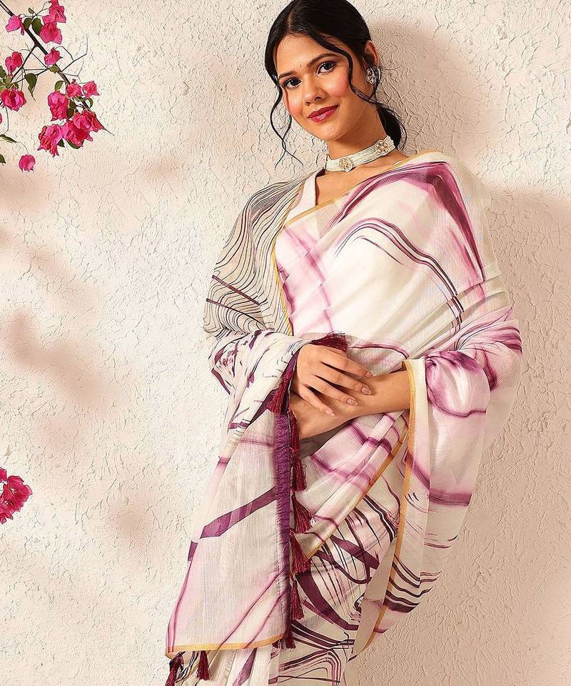 Burgundy printed cotton blend ethnic saree with blouse piece