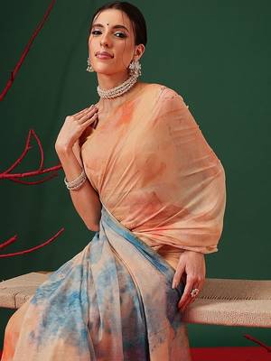 Peach printed organza ethnic saree with blouse piece 3