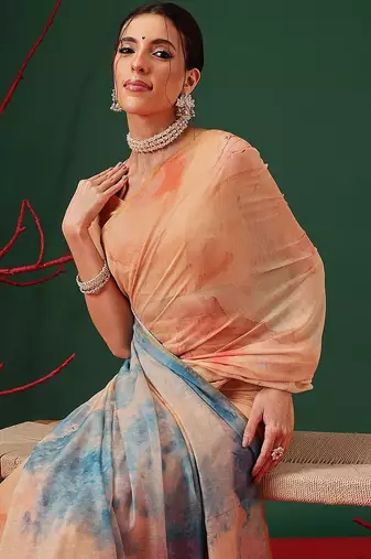 Peach printed organza ethnic saree with blouse piece