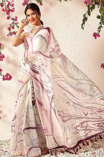 Burgundy printed cotton blend ethnic saree with blouse piece
