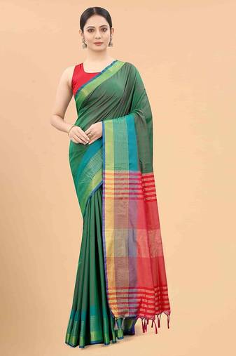 Green plain art silk traditional saree with blouse piece