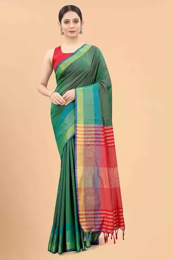 Green plain art silk traditional saree with blouse piece