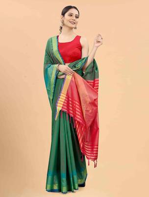Green plain art silk traditional saree with blouse piece 2
