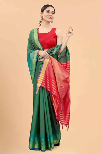 Green plain art silk traditional saree with blouse piece