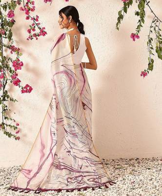 Burgundy printed cotton blend ethnic saree with blouse piece 3