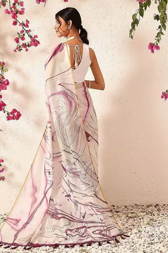 Burgundy printed cotton blend ethnic saree with blouse piece