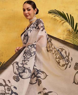 Off white printed silk cotton ethnic saree with blouse piece 1