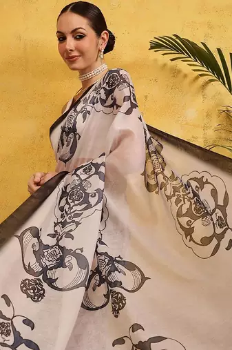 Off white printed silk cotton ethnic saree with blouse piece