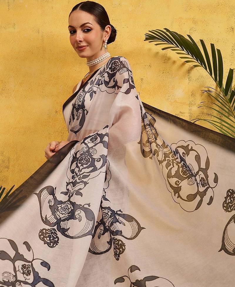 Off white printed silk cotton ethnic saree with blouse piece