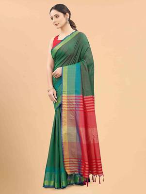 Green plain art silk traditional saree with blouse piece 3